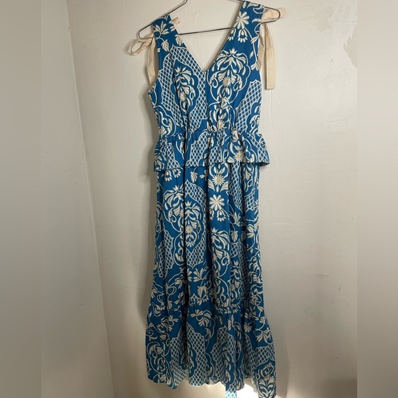 Moon River Blue & White Border Print Ruffle Tie Strap Midi Dress | Size S​ - Picture 7 of 11